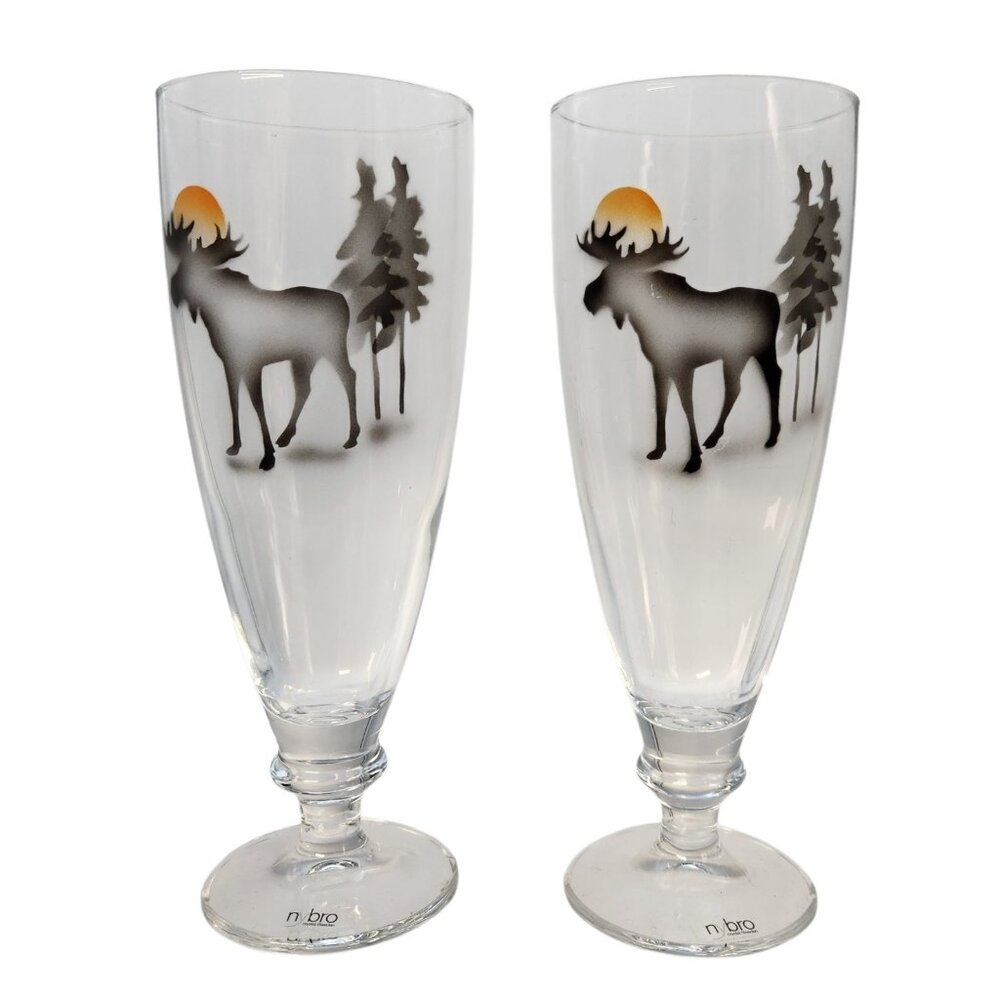 Pair of Nybro Elk Moose Beer Glasses Sweden 8" READ